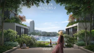 Creek Waters 2 at Dubai Creek Harbour by Emaar landscaped garden pathway leading to waterfront with community view in Dubai - Presented by Tohid Fetrat