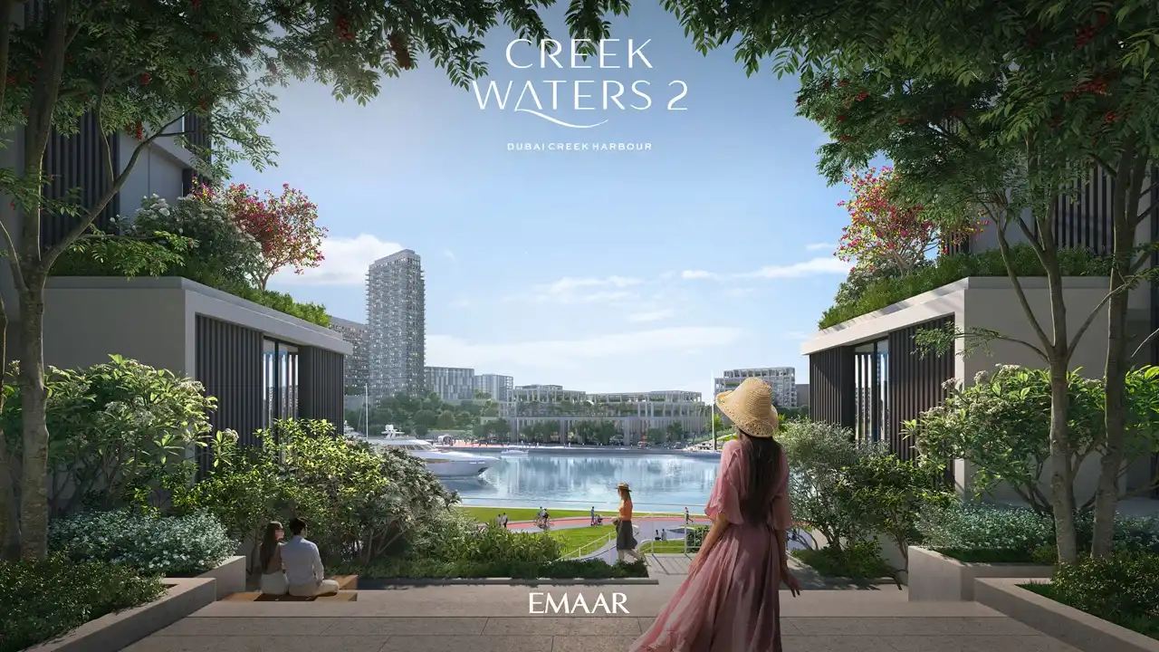 Creek Waters 2 at Dubai Creek Harbour by Emaar landscaped garden pathway leading to waterfront with community view in Dubai - Presented by Tohid Fetrat