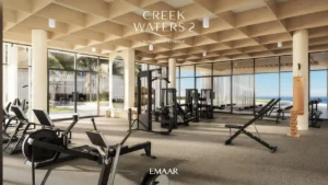 Creek Waters 2 at Dubai Creek Harbour by Emaar gym interior with modern fitness equipment and large windows in Dubai - Presented by Tohid Fetrat