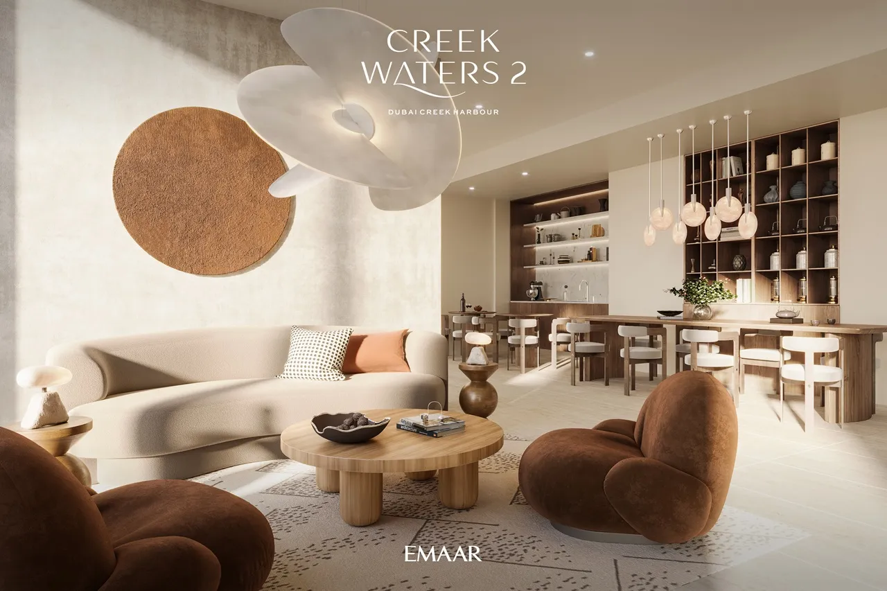 Creek Waters 2 at Dubai Creek Harbour by Emaar lounge interior with modern seating and social dining area in Dubai - Presented by Tohid Fetrat