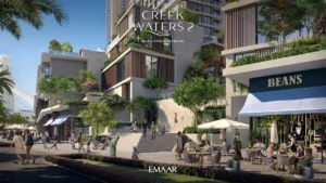 Creek Waters 2 at Dubai Creek Harbour by Emaar retail promenade with cafes outdoor seating and landscaped walkways in Dubai - Presented by Tohid Fetrat