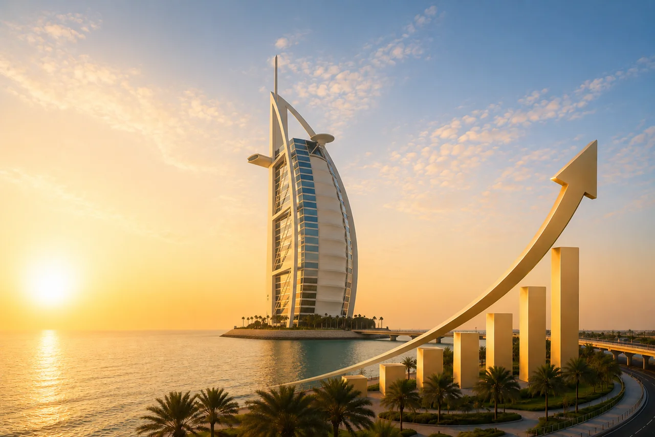Burj Al Arab waterfront skyline with growth chart illustration representing DAMAC community expansion and development growth Presented by Tohid Fetrat