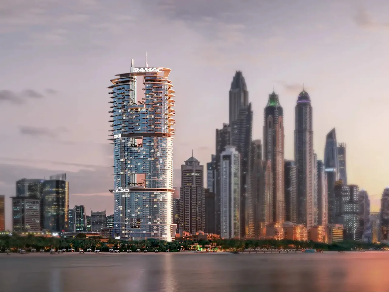 DAMAC waterfront tower development with Dubai skyline during ongoing construction and real estate growth updates Presented by Tohid Fetrat