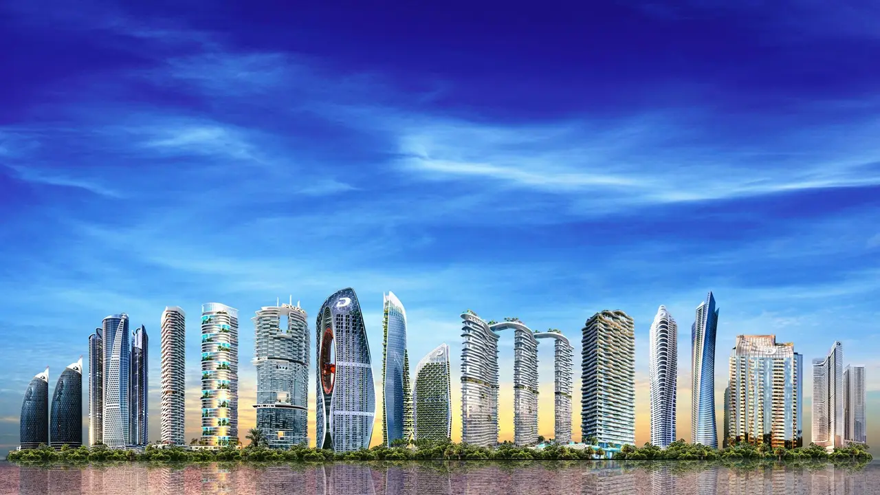 DAMAC Properties for Sale in Dubai showcasing luxury residential towers along a waterfront skyline with modern architecture Presented by Tohid Fetrat