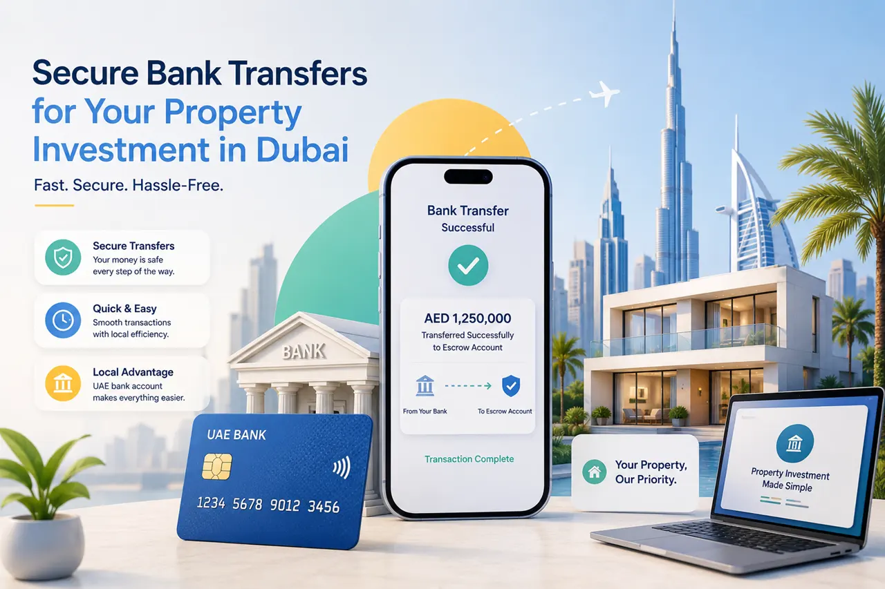Illustration explaining UAE bank accounts, escrow transfers, and secure Dubai property payments for international buyers Presented by Tohid Fetrat