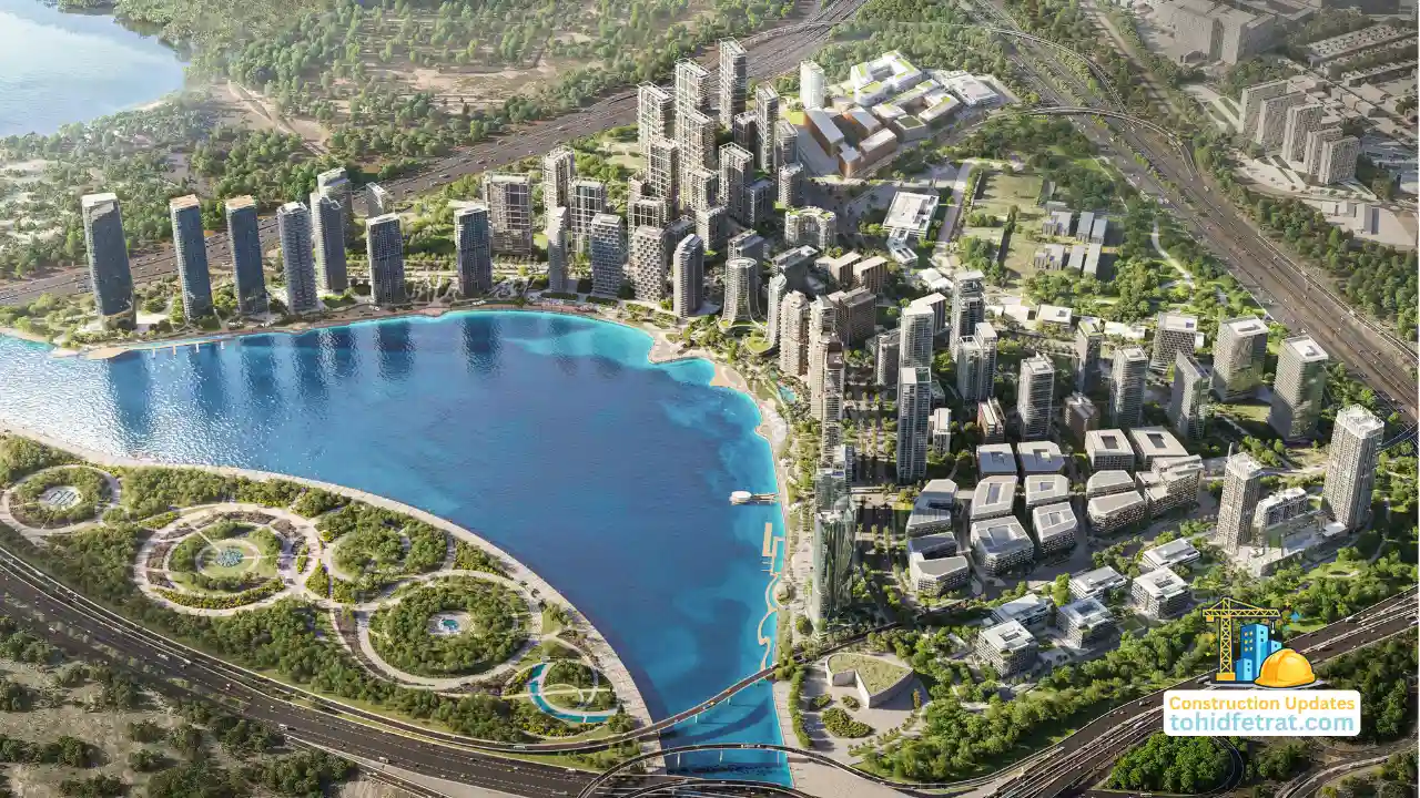 Aerial waterfront masterplan view of modern towers and urban development during Dubai Design District Construction Updates in Dubai Presented by Tohid Fetrat