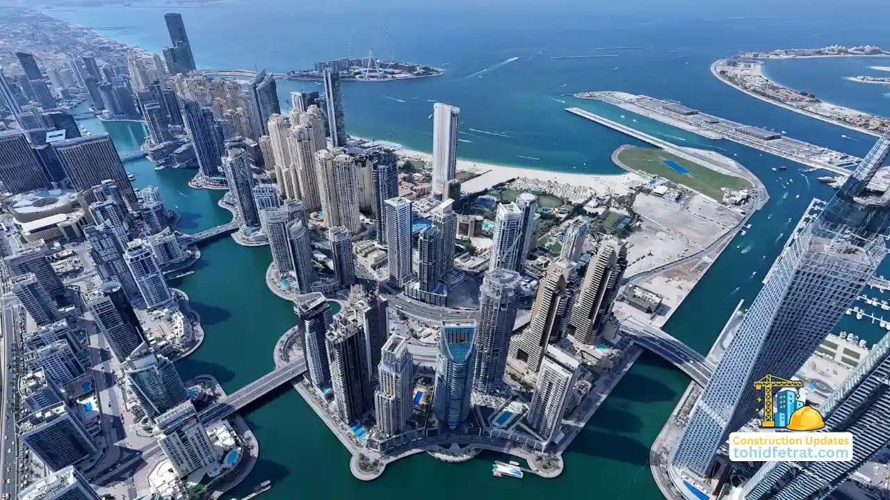 Aerial waterfront view of Dubai Marina skyscrapers, canals, and luxury residential towers during Dubai Marina Construction Updates in Dubai Presented by Tohid Fetrat
