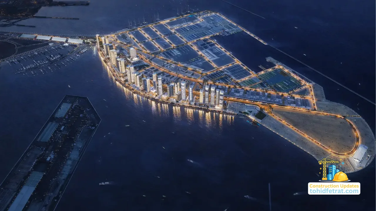 Aerial nighttime waterfront masterplan view during Dubai Maritime City Construction Updates in Dubai Presented by Tohid Fetrat
