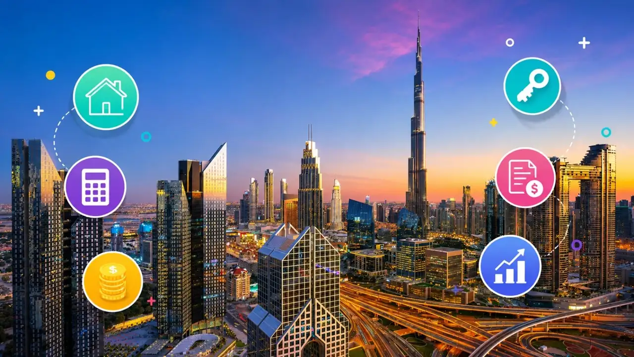 Dubai skyline with property buying cost icons for Dubai Property Buying Costs Full Fee Breakdown 2026 Presented by Tohid Fetrat