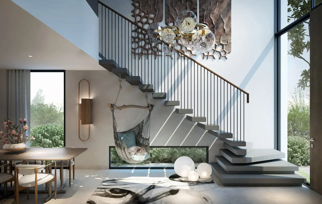 EDEN at The Valley by Emaar double height interior with modern staircase design in Dubai - Presented by Tohid Fetrat