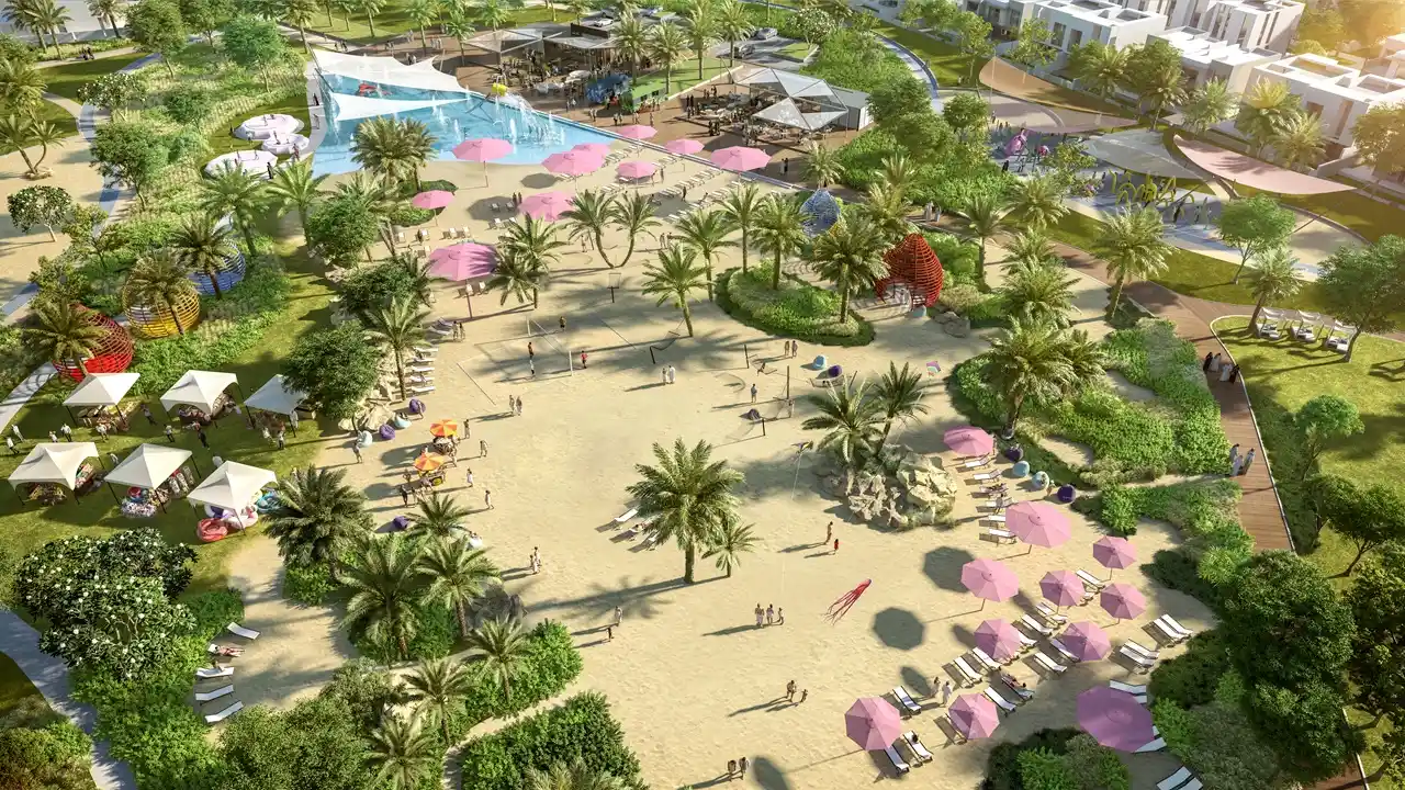 EDEN at The Valley by Emaar aerial view of Golden Beach and landscaped leisure spaces in Dubai - Presented by Tohid Fetrat