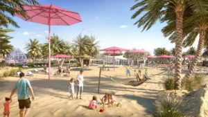 EDEN at The Valley by Emaar Golden Beach leisure area with palm trees and family spaces in Dubai - Presented by Tohid Fetrat