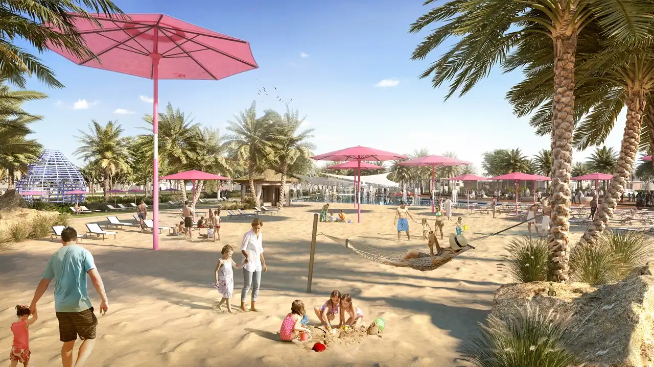 EDEN at The Valley by Emaar Golden Beach leisure area with palm trees and family spaces in Dubai - Presented by Tohid Fetrat