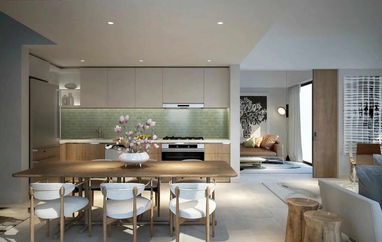 EDEN at The Valley by Emaar modern kitchen and dining interior with contemporary finishes in Dubai - Presented by Tohid Fetrat