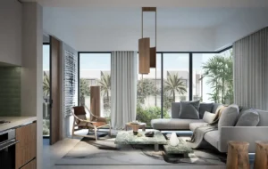 EDEN at The Valley by Emaar modern living room interior with garden views in Dubai - Presented by Tohid Fetrat
