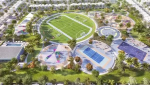 EDEN at The Valley by Emaar aerial view of sports park and recreational facilities in Dubai - Presented by Tohid Fetrat