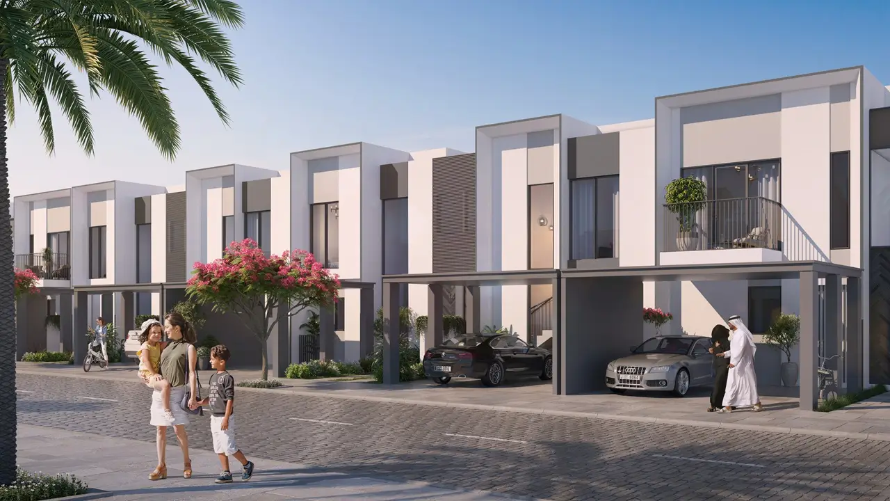 EDEN at The Valley by Emaar contemporary townhouse street view with landscaped surroundings in Dubai - Presented by Tohid Fetrat