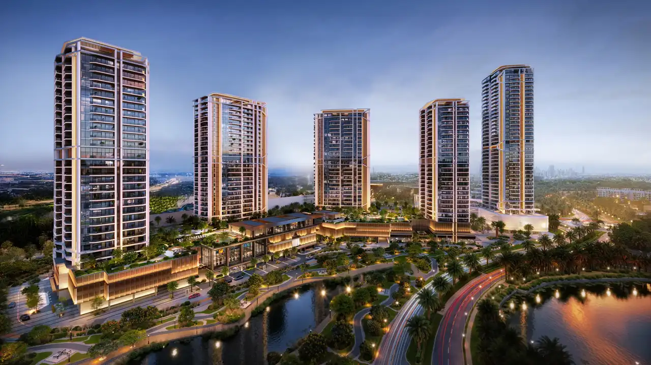 Luxury residential towers featured on the Ellington Properties for Sale in Dubai page with landscaped waterfront surroundings Presented by Tohid Fetrat
