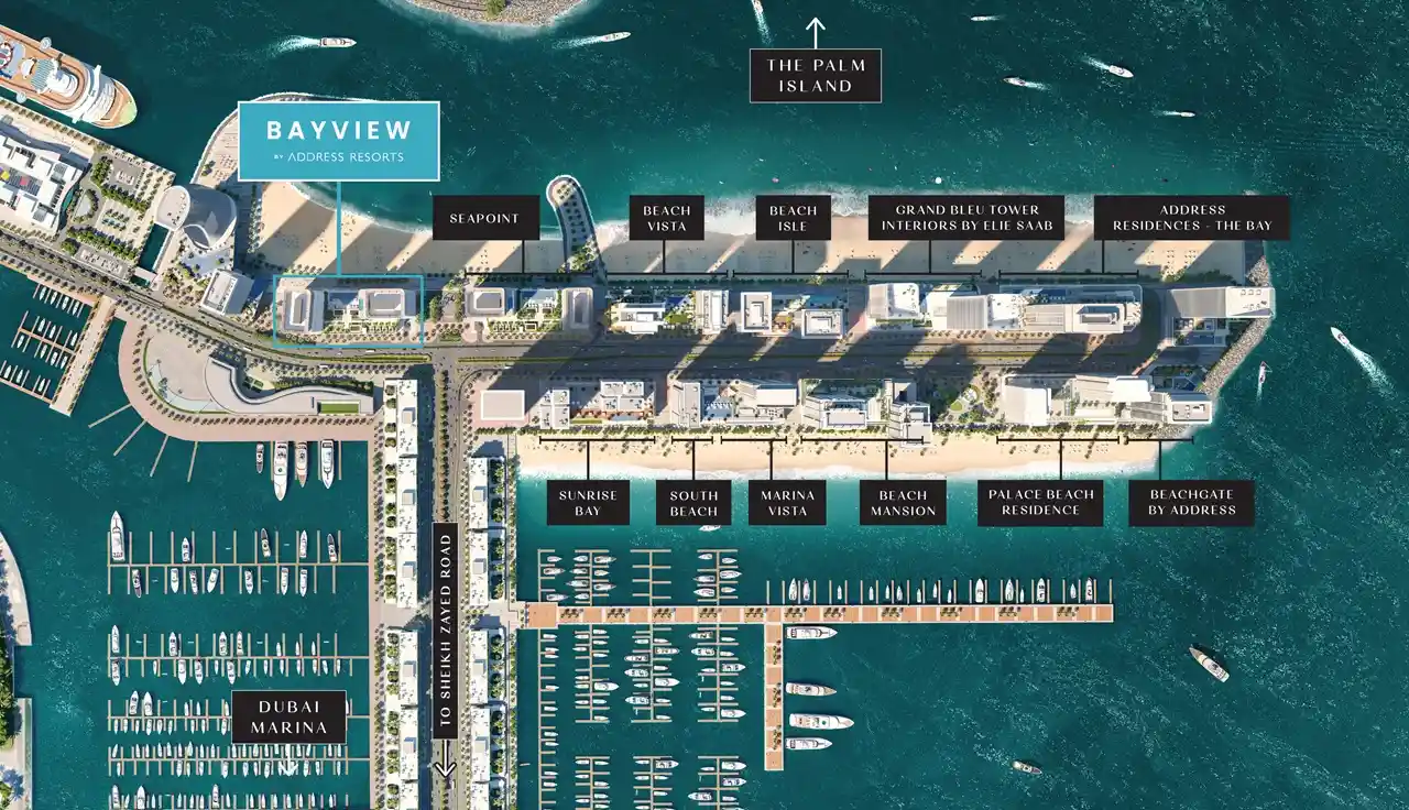 Emaar Beachfront masterplan featuring luxury waterfront residences and marina layout in Dubai Presented by Tohid Fetrat