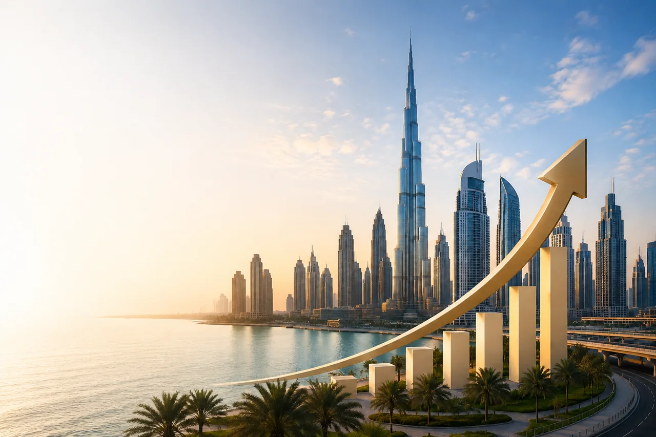 Dubai skyline with growth chart illustration representing EMAAR community expansion and development growth Presented by Tohid Fetrat