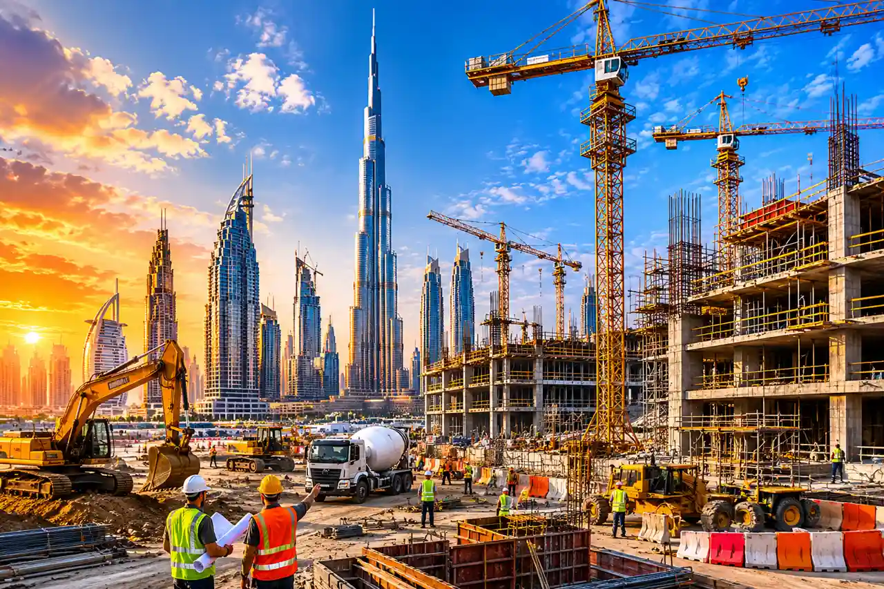 Dubai construction activity with modern towers and active development projects showing why Emaar construction updates matter for property buyers Presented by Tohid Fetrat