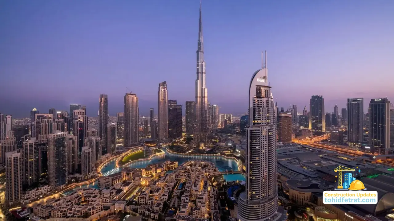 Downtown Dubai skyline with Burj Khalifa and Emaar towers illuminated at dusk for Emaar Properties Construction Updates Presented by Tohid Fetrat