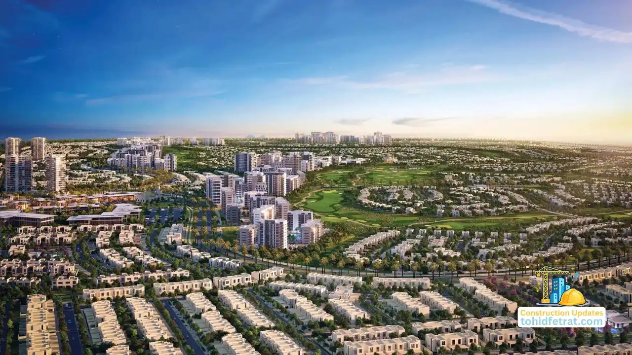 Aerial master community view of Emaar South featuring residential districts and golf landscapes for Construction Updates in Dubai Presented by Tohid Fetrat