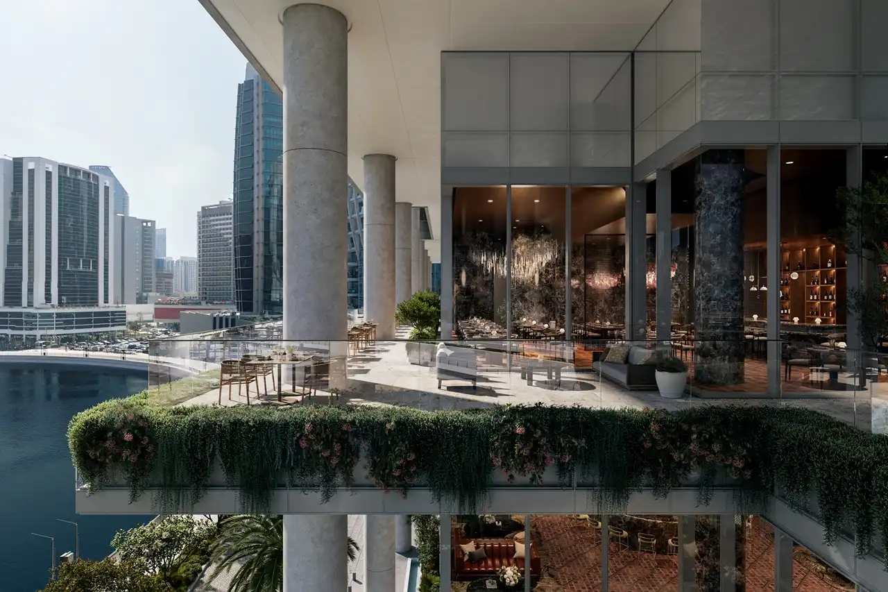 ENARA by OMNIYAT luxury waterfront terrace and dining spaces construction update August 2025 in Dubai Presented by Tohid Fetrat