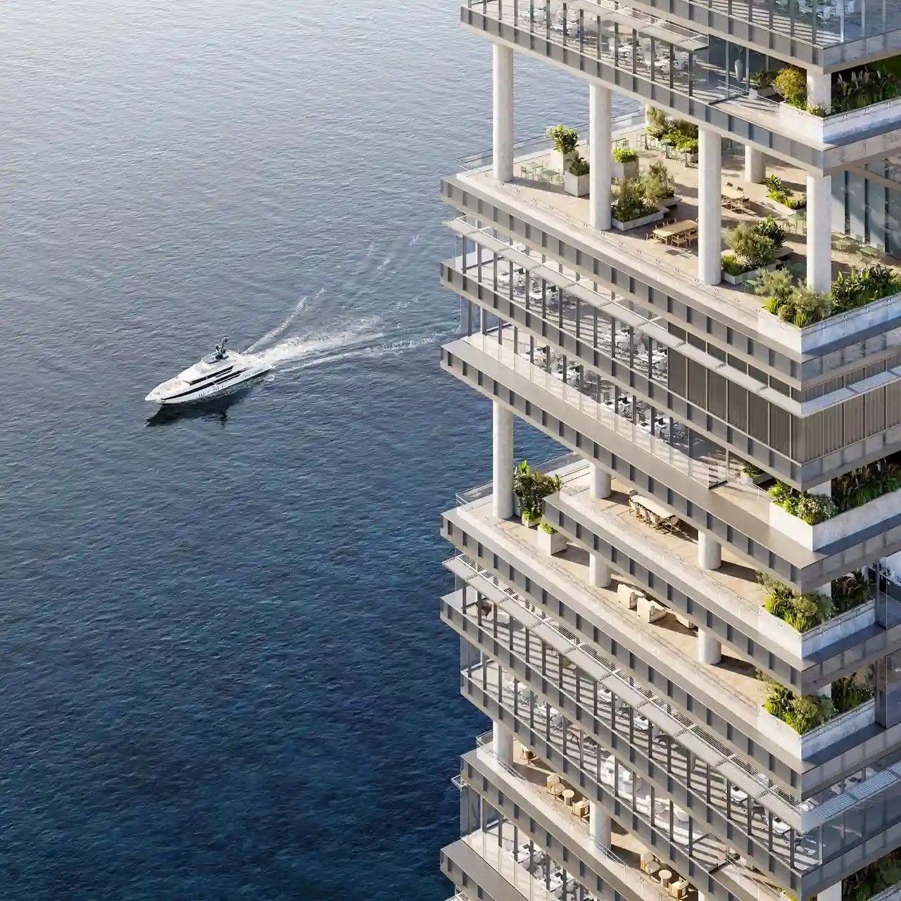 ENARA by OMNIYAT waterfront tower terraces overlooking the Gulf during construction update January 2026 in Dubai Presented by Tohid Fetrat