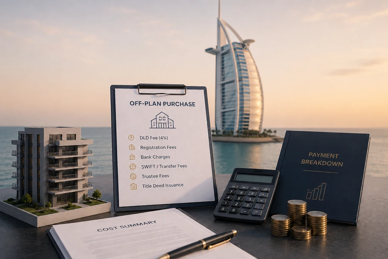 Every fee involved in an off plan property purchase in Dubai including DLD registration bank and transfer charges Presented by Tohid Fetrat