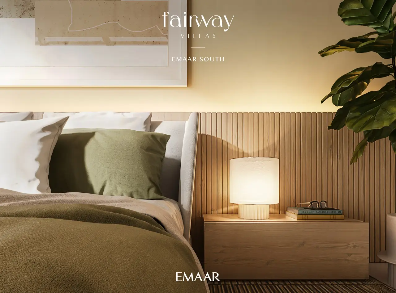 Fairway Villas at Emaar South by Emaar elegant bedroom interior with warm lighting textured finishes and contemporary design details in Dubai - Presented by Tohid Fetrat