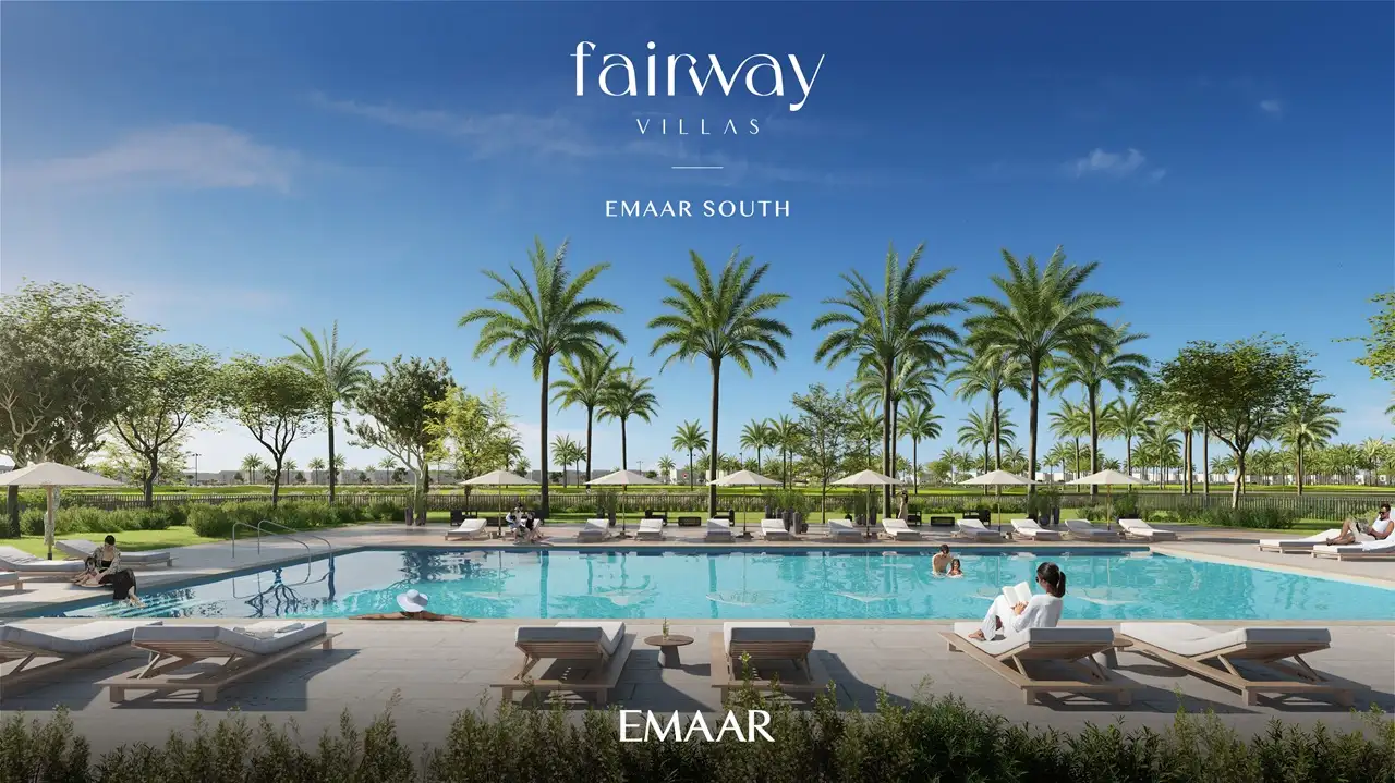 Fairway Villas at Emaar South by Emaar resort style swimming pool surrounded by palm trees lounge areas and landscaped greenery in Dubai - Presented by Tohid Fetrat