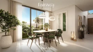 Fairway Villas at Emaar South by Emaar modern dining room interior with garden view elegant furnishings and natural daylight in Dubai - Presented by Tohid Fetrat