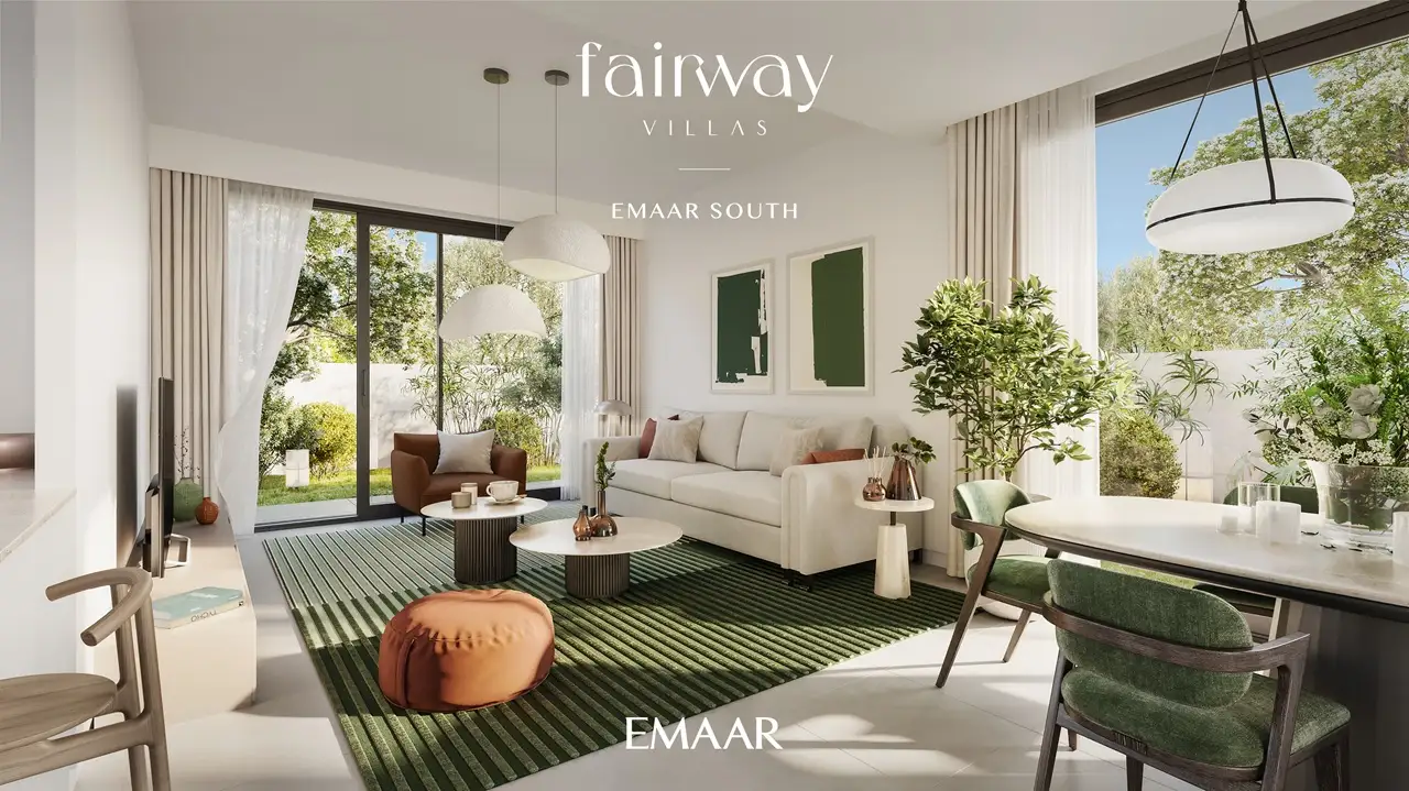 Fairway Villas at Emaar South by Emaar contemporary living room with garden access elegant furnishings and bright open interiors in Dubai - Presented by Tohid Fetrat
