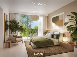 Fairway Villas at Emaar South by Emaar contemporary master bedroom with balcony access soft neutral tones and elegant interior styling in Dubai - Presented by Tohid Fetrat
