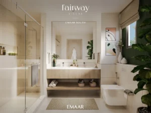 Fairway Villas at Emaar South by Emaar modern bathroom interior with minimalist vanity glass shower and elegant natural finishes in Dubai - Presented by Tohid Fetrat
