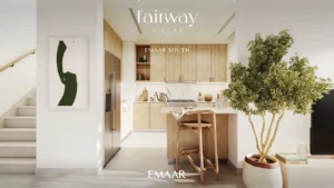 Fairway Villas at Emaar South by Emaar contemporary kitchen interior with wooden finishes modern cabinetry and bright open layout in Dubai - Presented by Tohid Fetrat