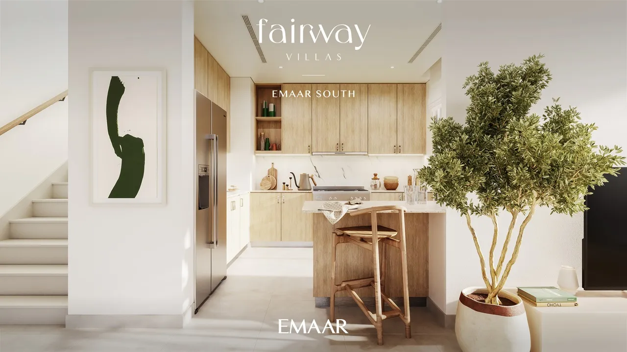 Fairway Villas at Emaar South by Emaar contemporary kitchen interior with wooden finishes modern cabinetry and bright open layout in Dubai - Presented by Tohid Fetrat