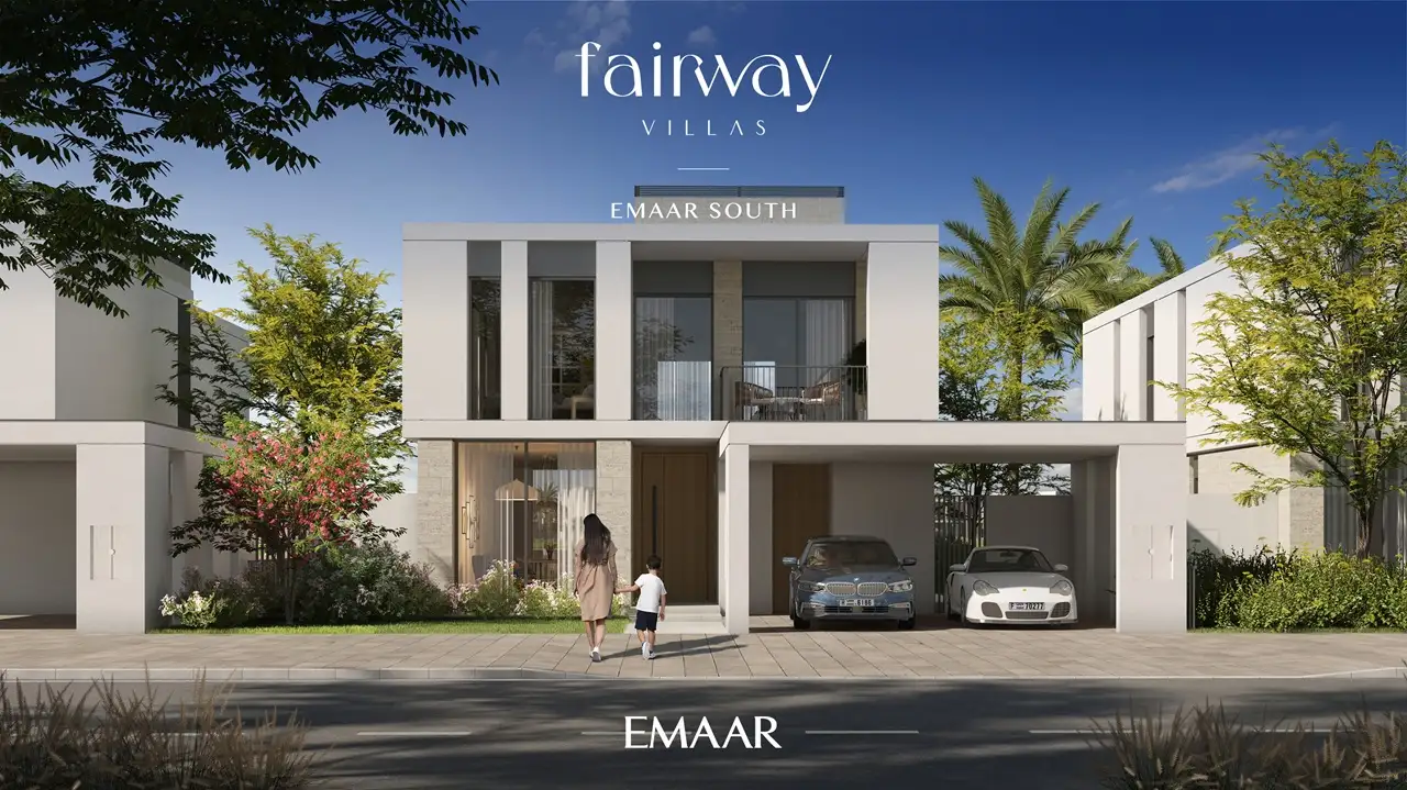Fairway Villas at Emaar South by Emaar contemporary villa exterior with landscaped entrance private parking and modern architecture in Dubai - Presented by Tohid Fetrat