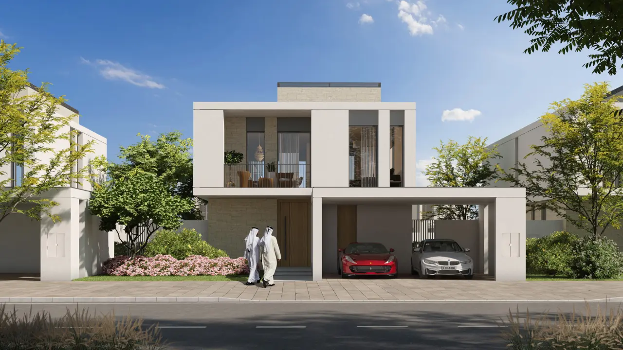 Fairway Villas at Emaar South by Emaar modern villa front elevation with private parking landscaped garden and contemporary architecture in Dubai - Presented by Tohid Fetrat