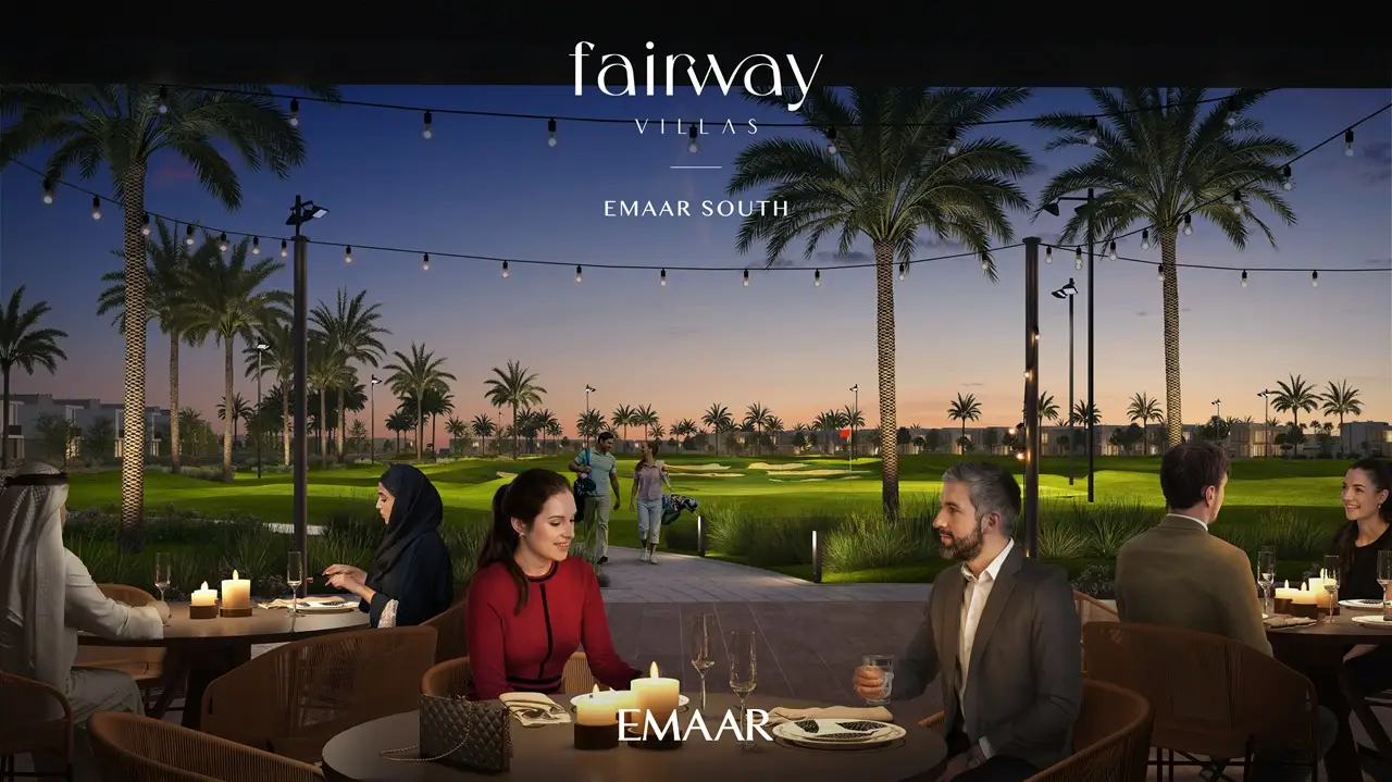 Fairway Villas at Emaar South by Emaar outdoor dining lounge overlooking illuminated golf course and landscaped palm lined surroundings in Dubai - Presented by Tohid Fetrat