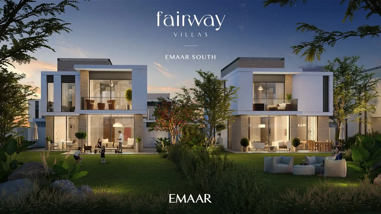 Fairway Villas at Emaar South by Emaar luxury villas with landscaped gardens outdoor seating and illuminated evening ambiance in Dubai - Presented by Tohid Fetrat