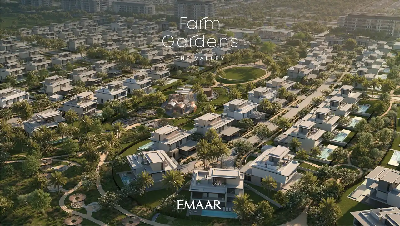 Farm Gardens The Valley by Emaar aerial community view with modern villas and landscaped green spaces in Dubai - Presented by Tohid Fetrat
