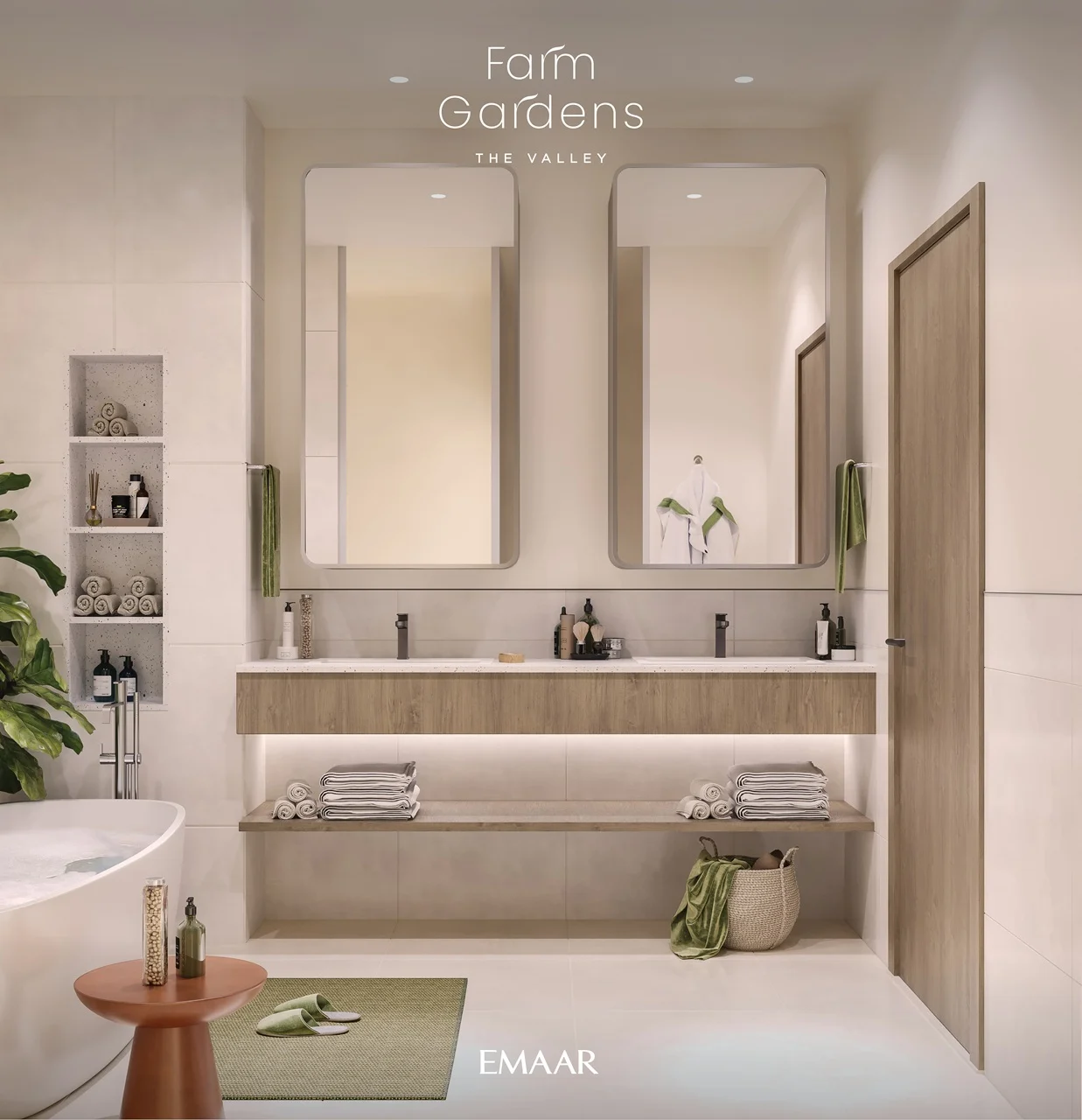 Farm Gardens The Valley by Emaar luxury bathroom interior with double vanity and contemporary finishes in Dubai - Presented by Tohid Fetrat