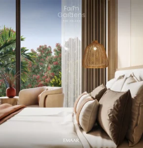Farm Gardens The Valley by Emaar luxury bedroom interior detail with floor to ceiling windows and natural decor in Dubai - Presented by Tohid Fetrat