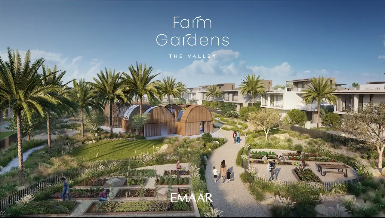 Farm Gardens The Valley by Emaar community farming and landscaped green spaces surrounded by modern villas in Dubai - Presented by Tohid Fetrat