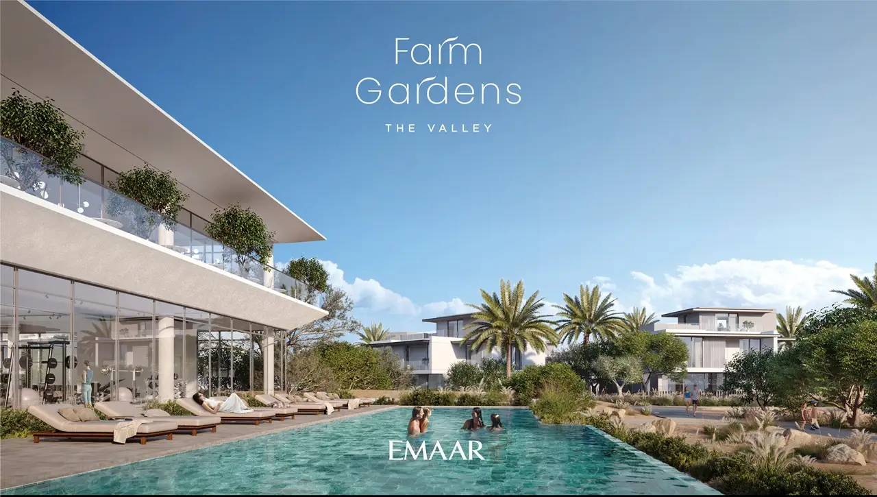 Farm Gardens The Valley by Emaar community pool and wellness area surrounded by modern villas in Dubai - Presented by Tohid Fetrat