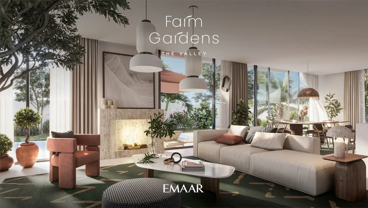 Farm Gardens The Valley by Emaar luxury lounge interior with contemporary furnishings and garden views in Dubai - Presented by Tohid Fetrat