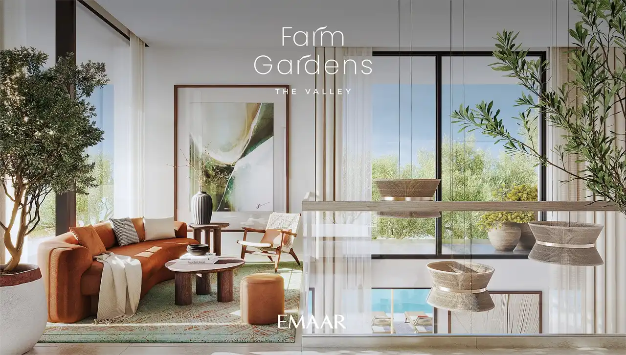 Farm Gardens The Valley by Emaar modern living space interior with floor to ceiling windows and elegant furnishings in Dubai - Presented by Tohid Fetrat