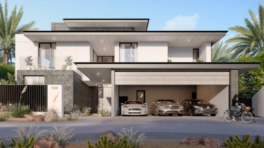 Farm Gardens The Valley by Emaar modern villa front view with covered parking and contemporary architecture in Dubai - Presented by Tohid Fetrat